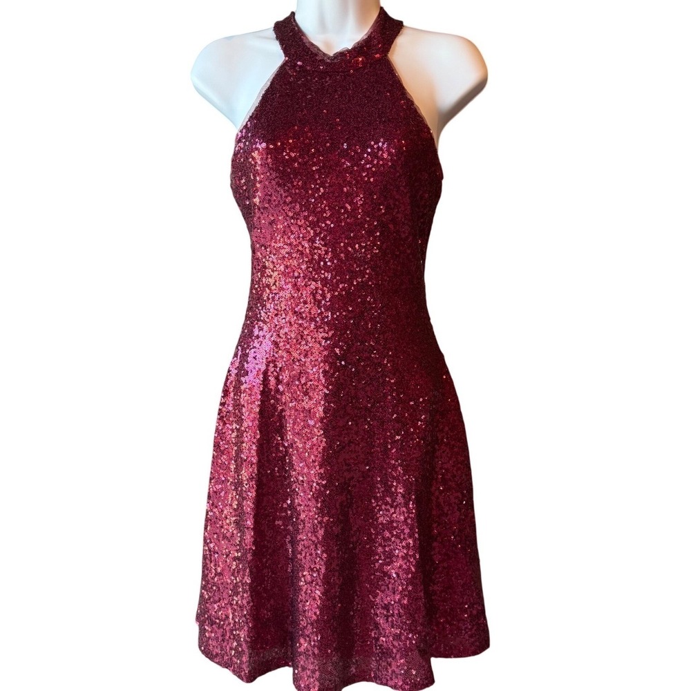 Miss Kim Sequin Halter Fit Flare Cocktail Party Dress Women Size Small Burgundy